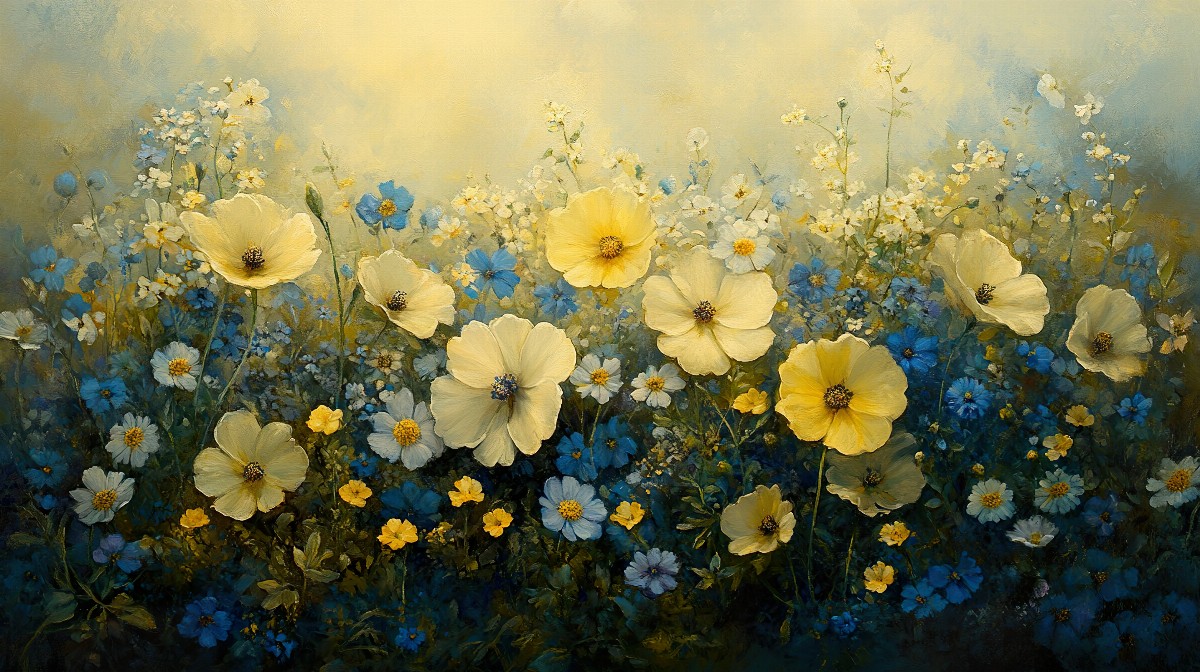 Assorted wildflowers in pale yellow and blue tones.
