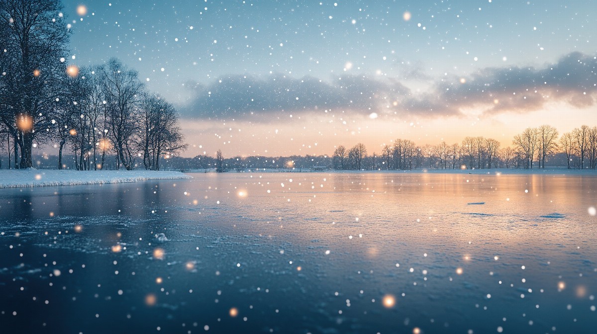 Frozen lake with snow falling and trees in the background at sunset.
