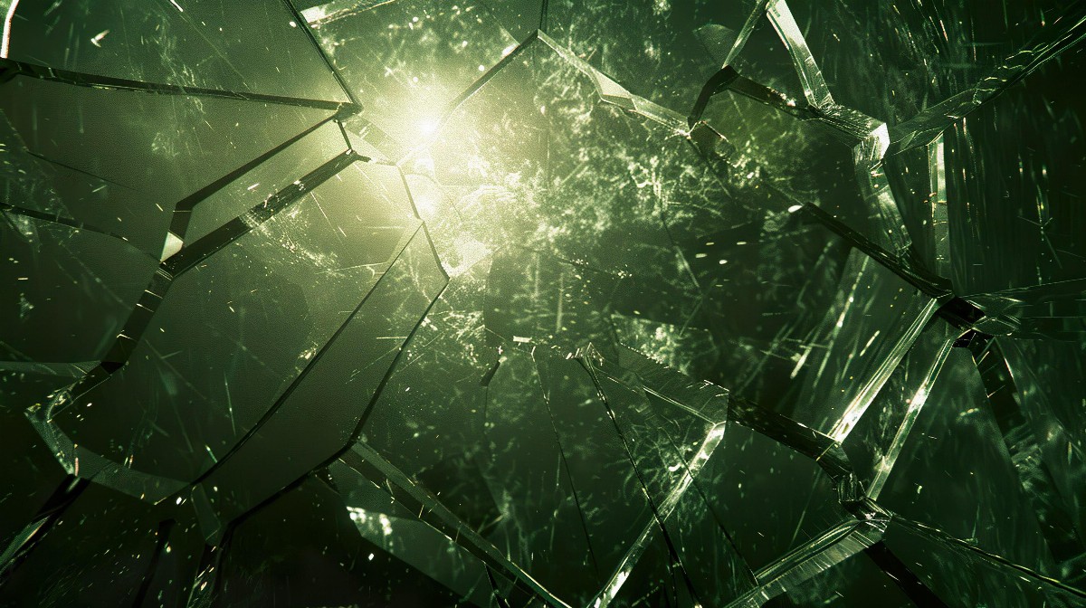 Shattered glass reflecting green light