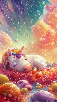 Sleepy Unicorn Curled up in a Giant Jellybean Bed Cute Wallpaper