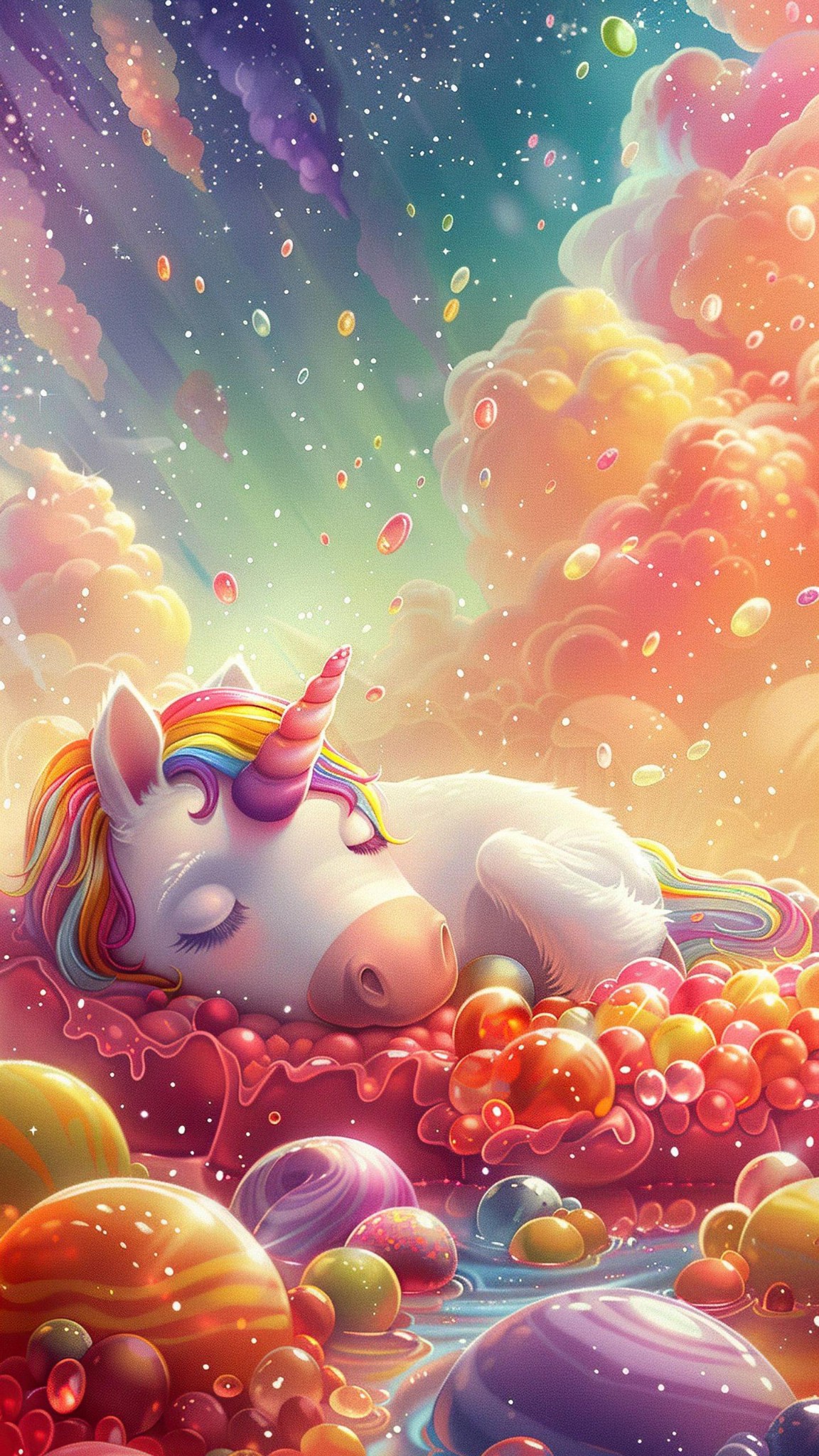 Sleepy Unicorn Curled Up In A Giant Jellybean Bed Cute Wallpaper