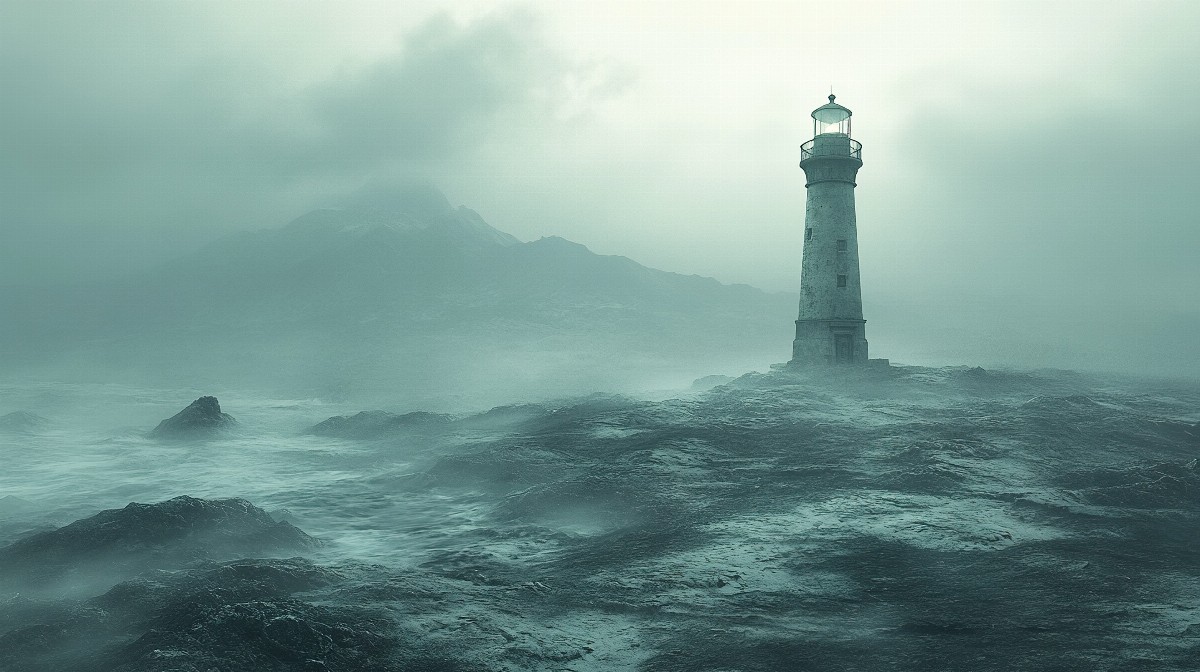A solitary lighthouse on a rocky shore surrounded by misty waters.