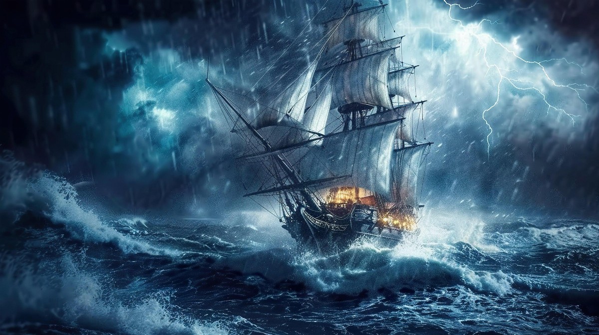 Ship sailing through a stormy sea