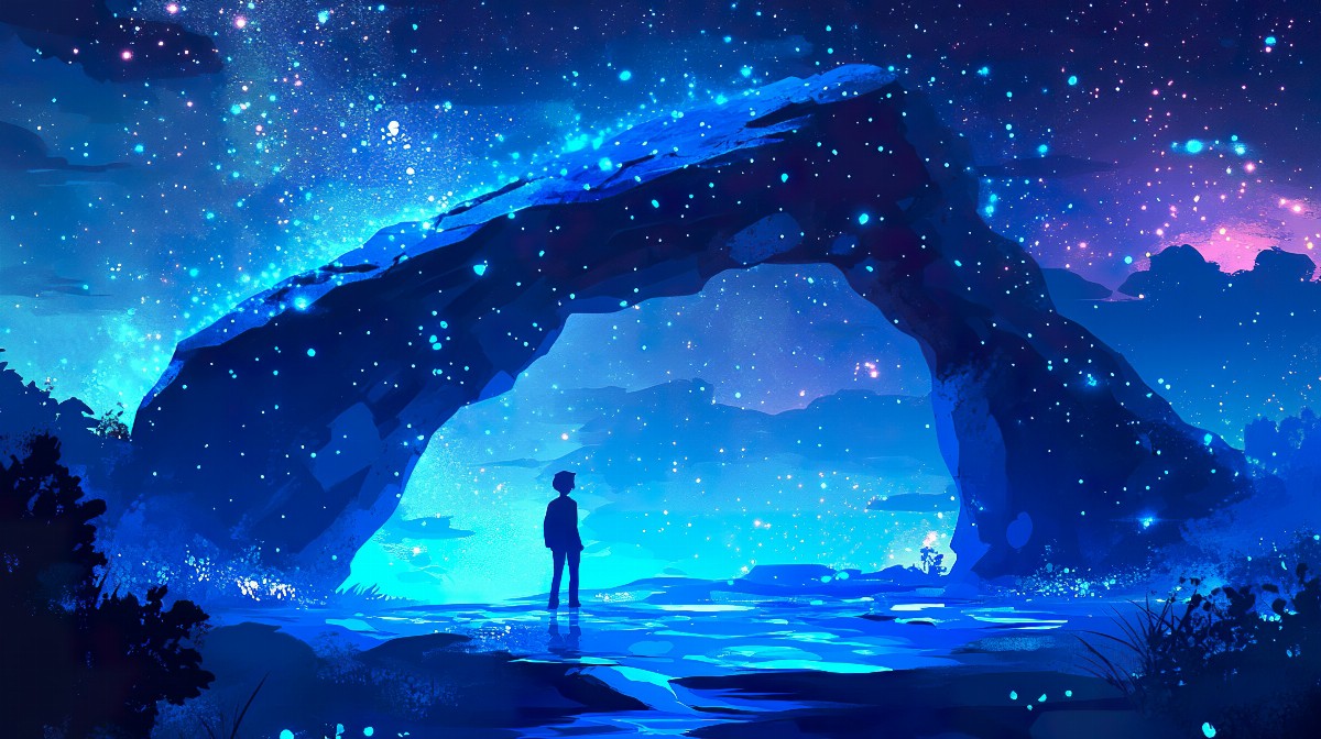 Silhouette of a person standing under a starry archway on a distant planet.