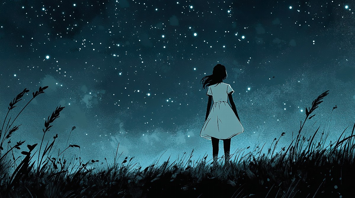 Silhouette of a girl in a white dress standing in a field under a starry sky.
