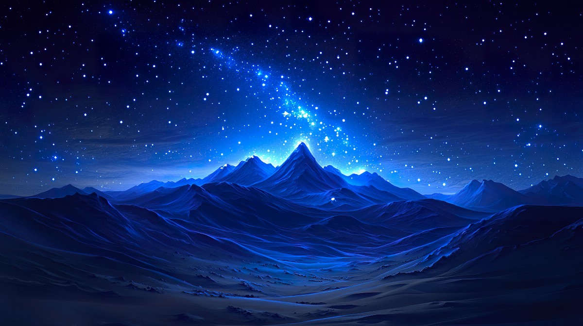A vast desert landscape under a starry night sky with mountains in the distance.