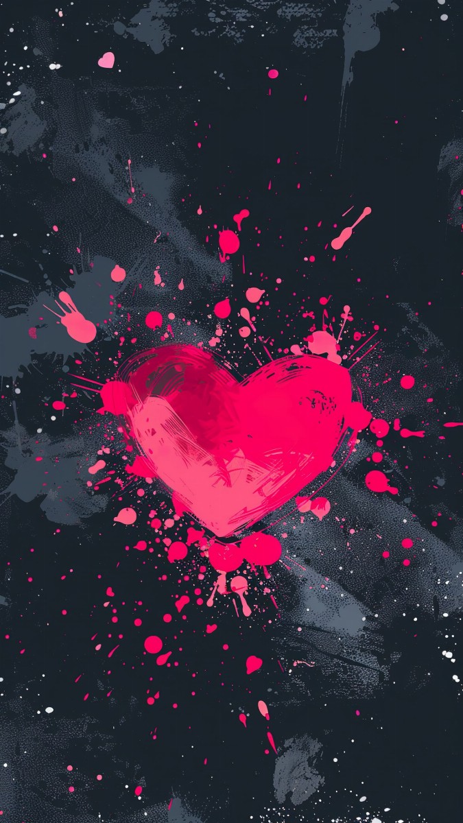 Neon pink heart glowing on black background