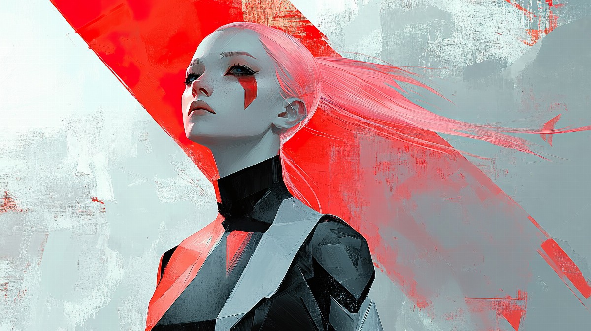 Illustration of a girl with flowing pastel pink hair and a bold red background.