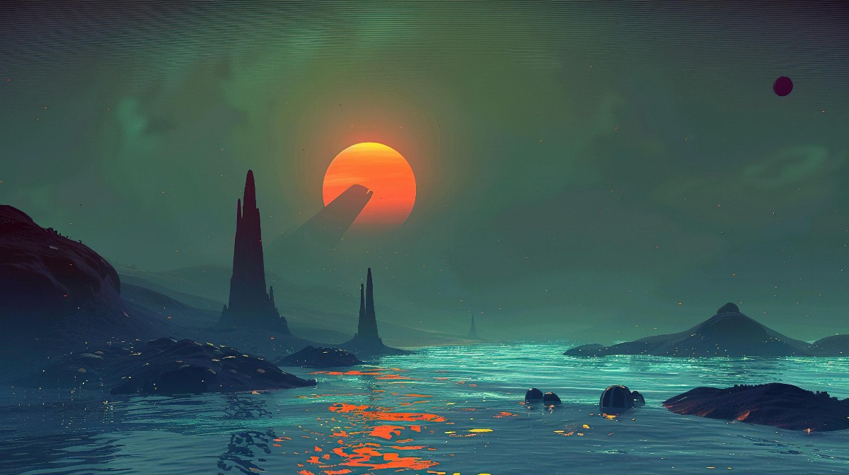 Alien landscape with glowing sun