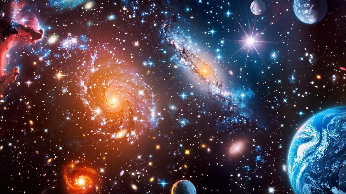 Colorful galaxies and stars in space