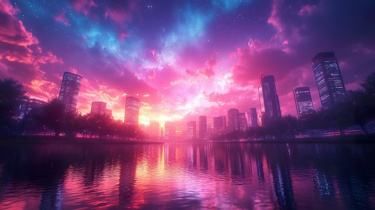 Night city skyline with glowing skyscrapers and colorful sky.
