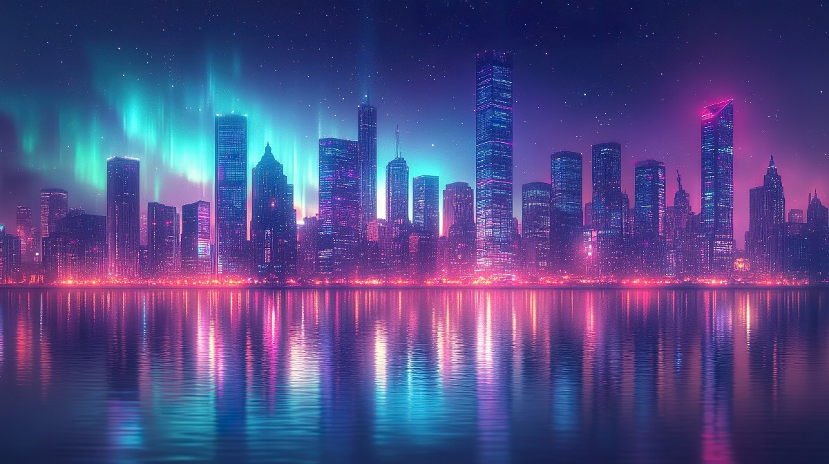 Night city skyline with glowing skyscrapers and neon lights.