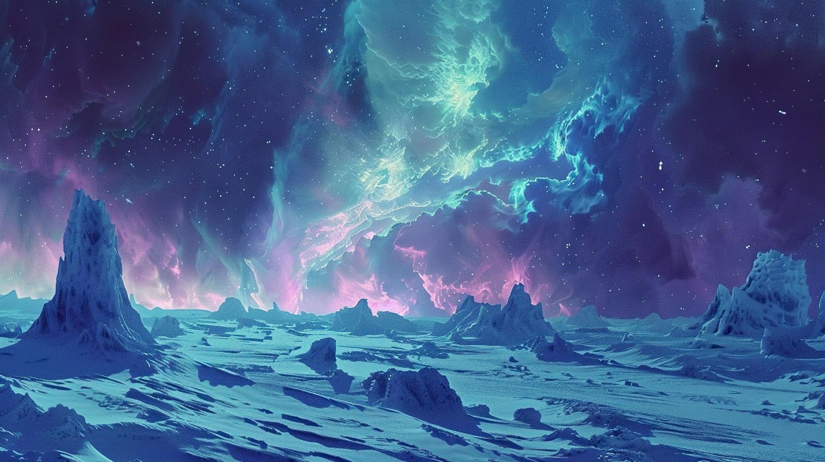 Auroras over a frozen tundra landscape