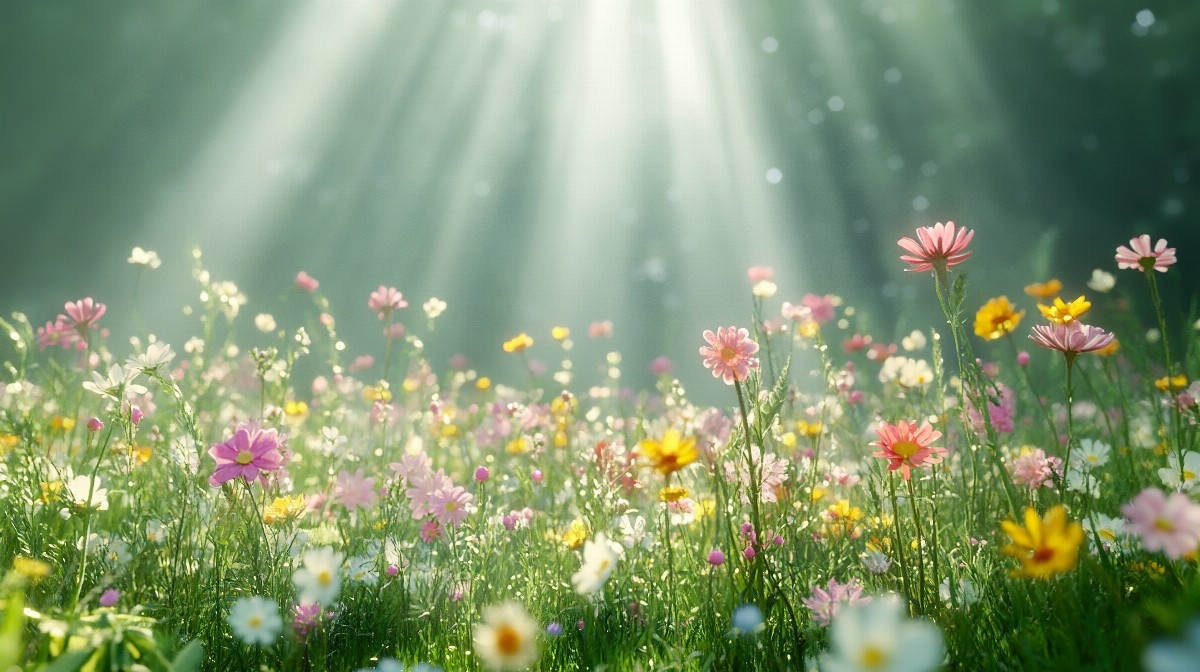 A meadow with various wildflowers under sun rays.