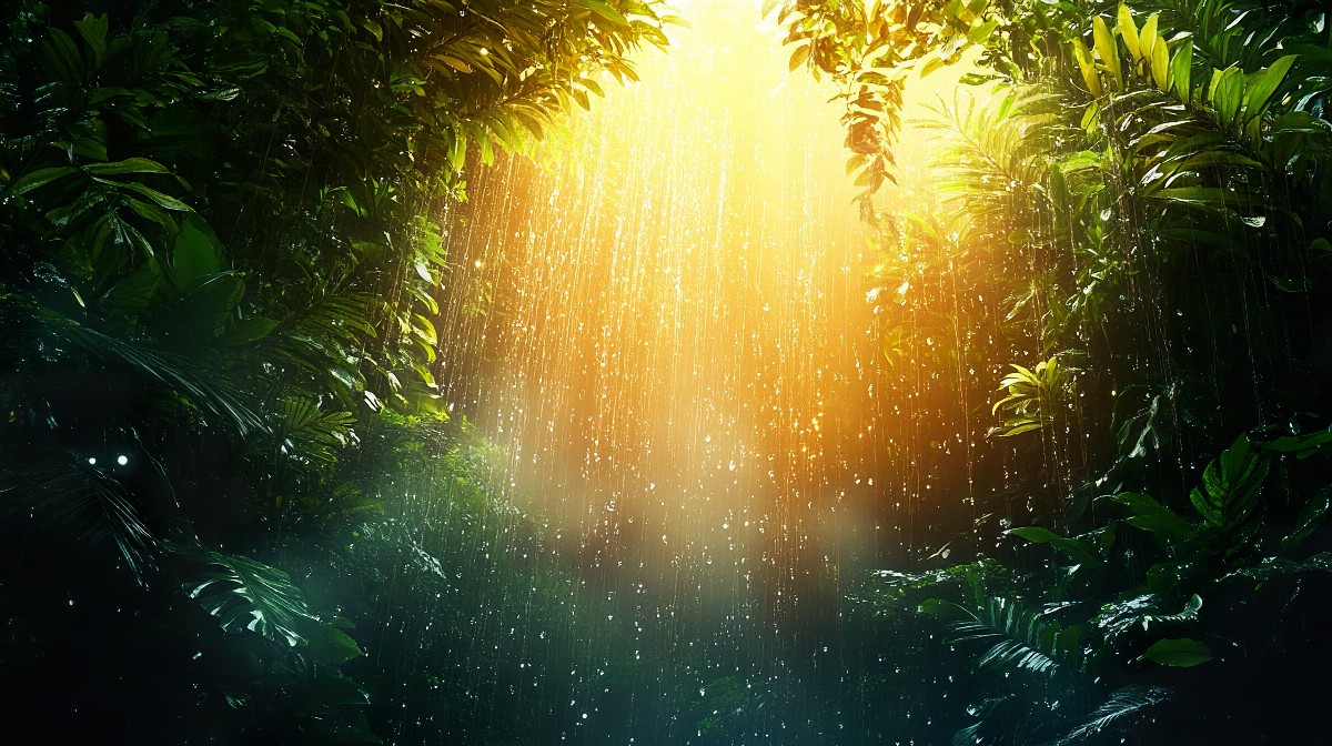 Sunlight streaming through a lush rainforest with falling rain.