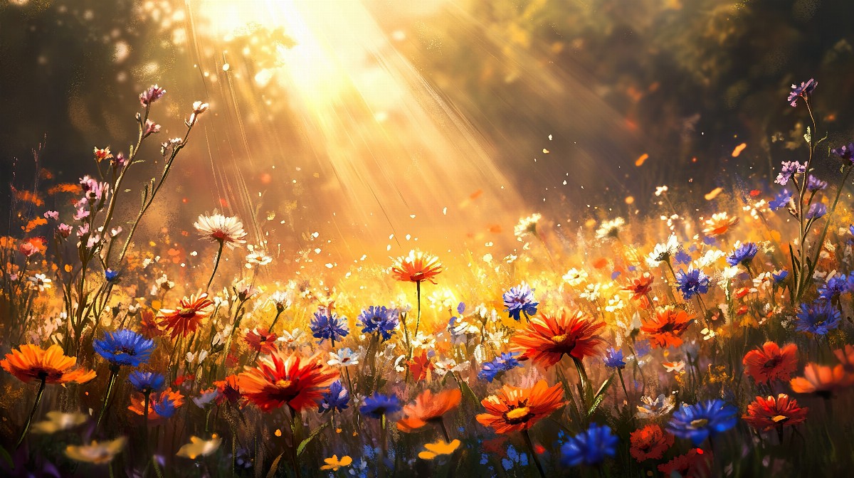 A sunlit meadow filled with colorful wildflowers in full bloom.