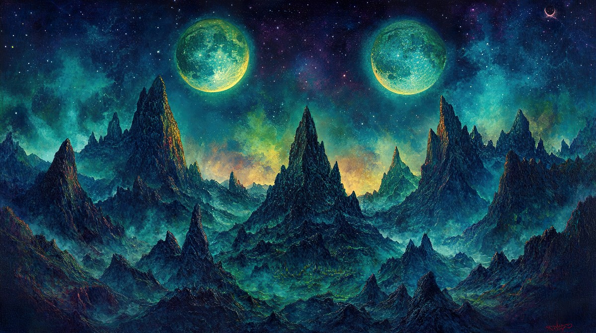 A surreal landscape with two moons over rocky peaks in deep blues and greens.