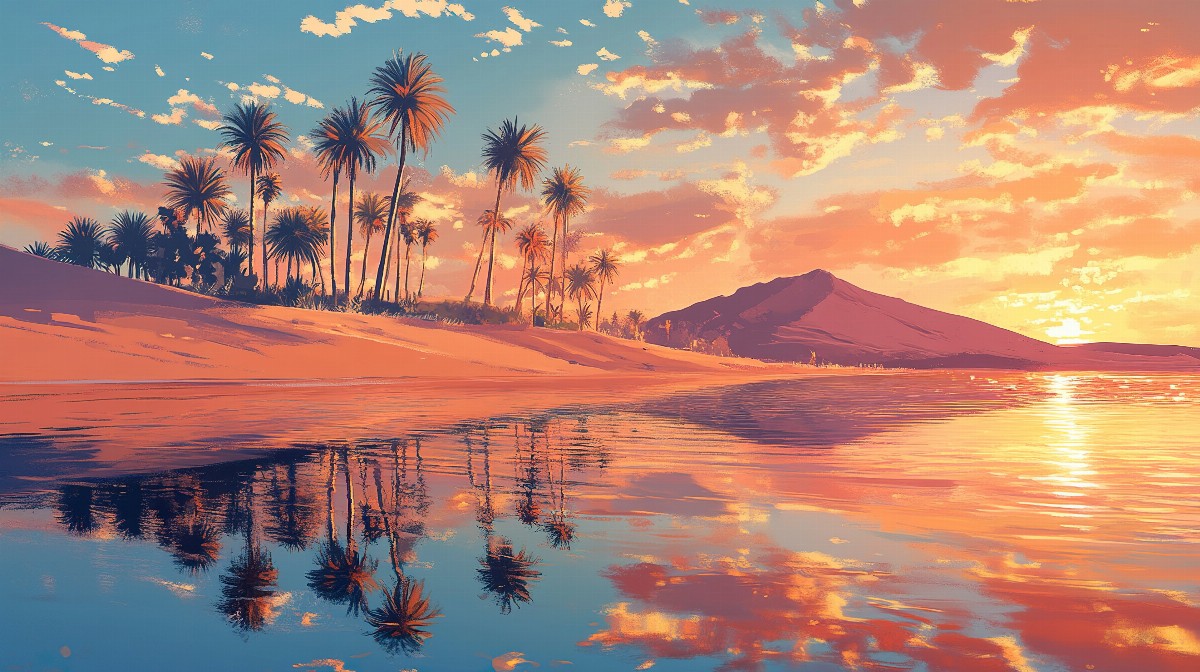 Illustration of a desert oasis with palm trees and a sunset reflection in the water.