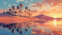 Tranquil Desert Oasis At Sunset Background