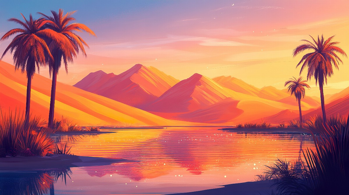 Illustration of a serene desert oasis with palm trees and mountains at sunset.