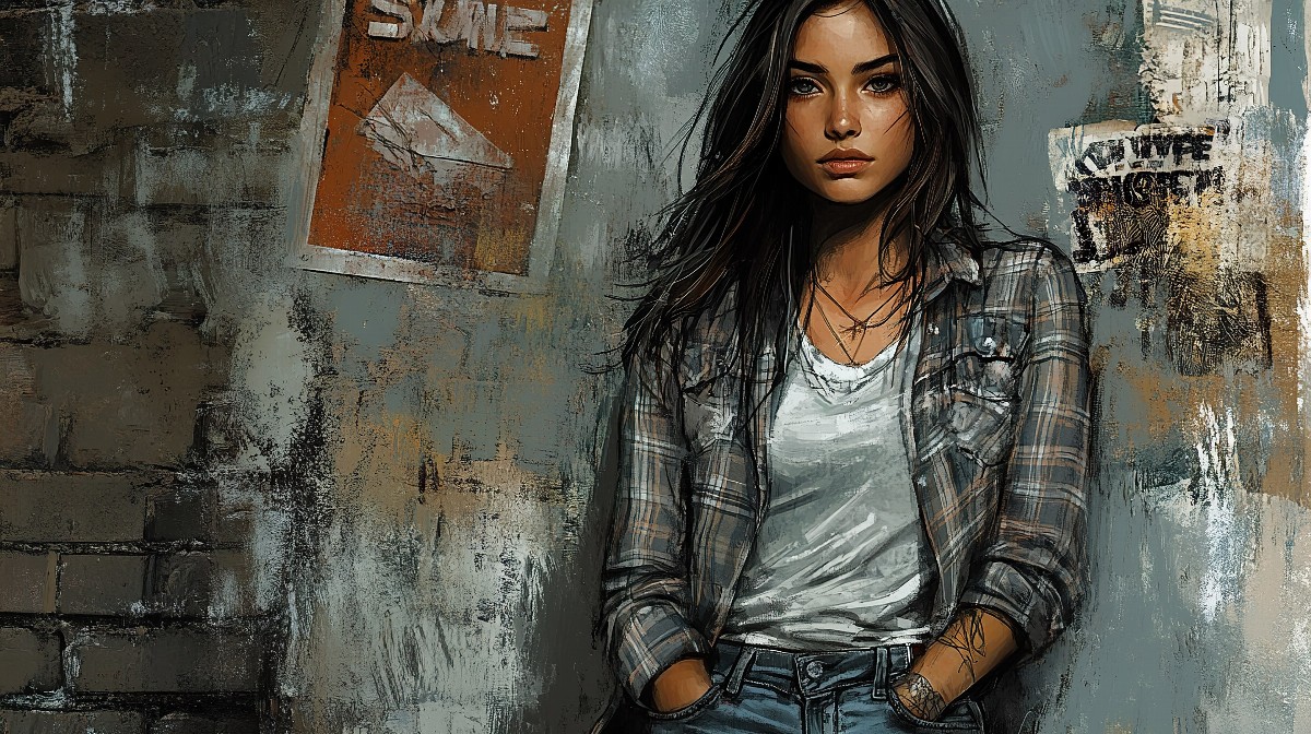 Illustration of a girl with messy dark hair wearing a plaid shirt, standing against a textured wall.
