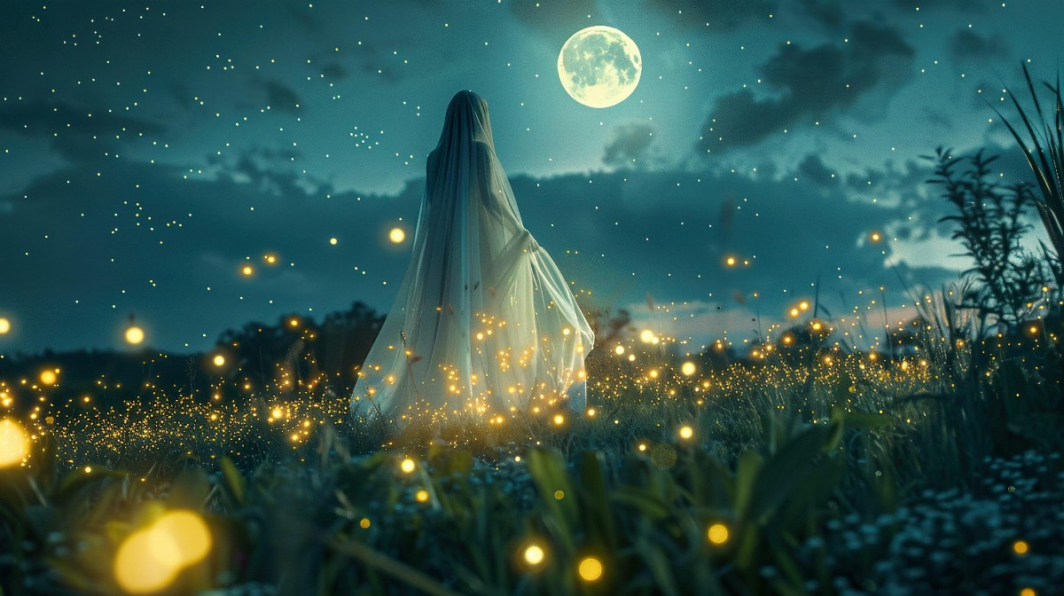 Veiled figure with glowing fireflies