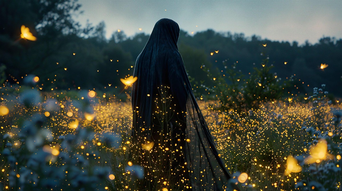 Veiled figure with glowing fireflies