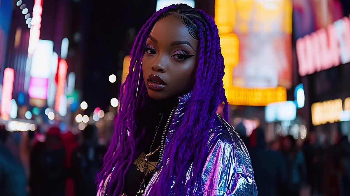A girl with glowing violet hair in a futuristic outfit in a city at night.