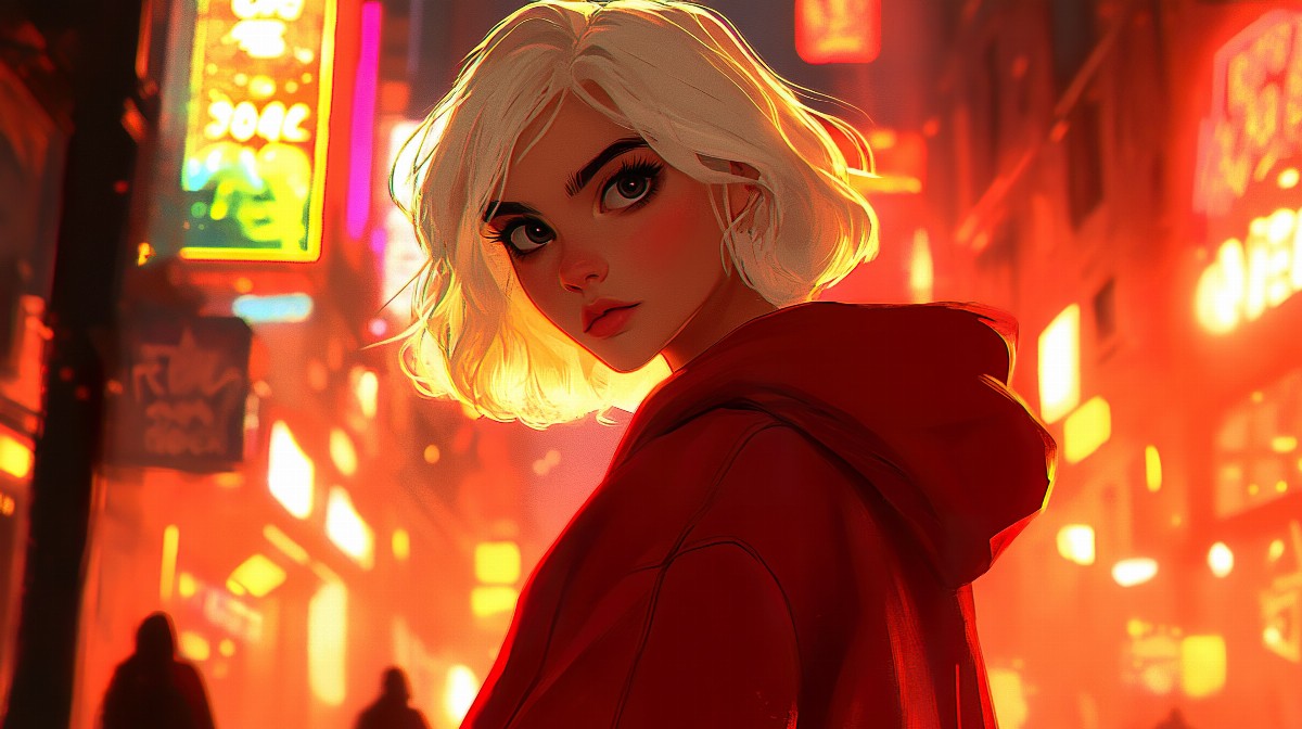 Illustration of a young woman with short platinum blond hair in a city at night.