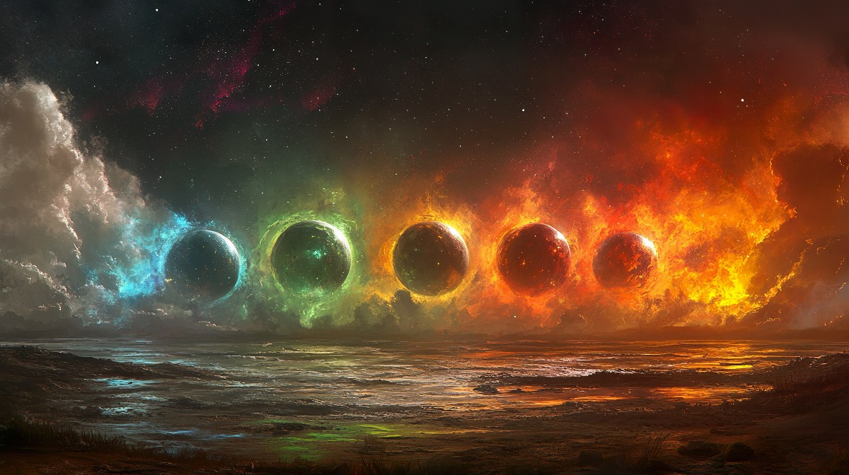 A lineup of five stylized planets in varied colors against a cosmic sky.