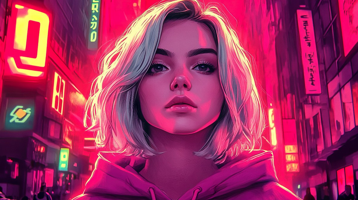 Illustration of a young woman with short platinum blond hair in a neon-lit city.