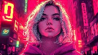 Vibrant Neon Cityscape With Young Woman Wallpaper