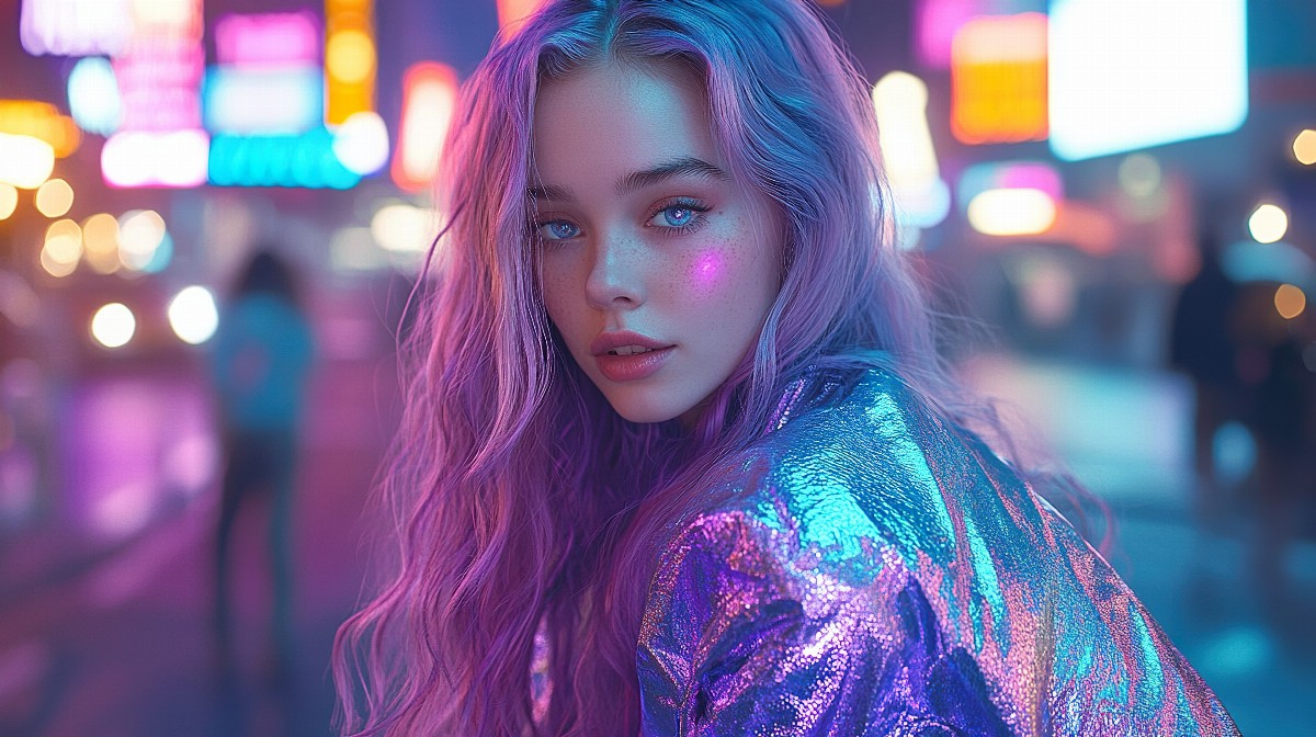 A girl with glowing violet hair and a futuristic outfit in a neon-lit setting.