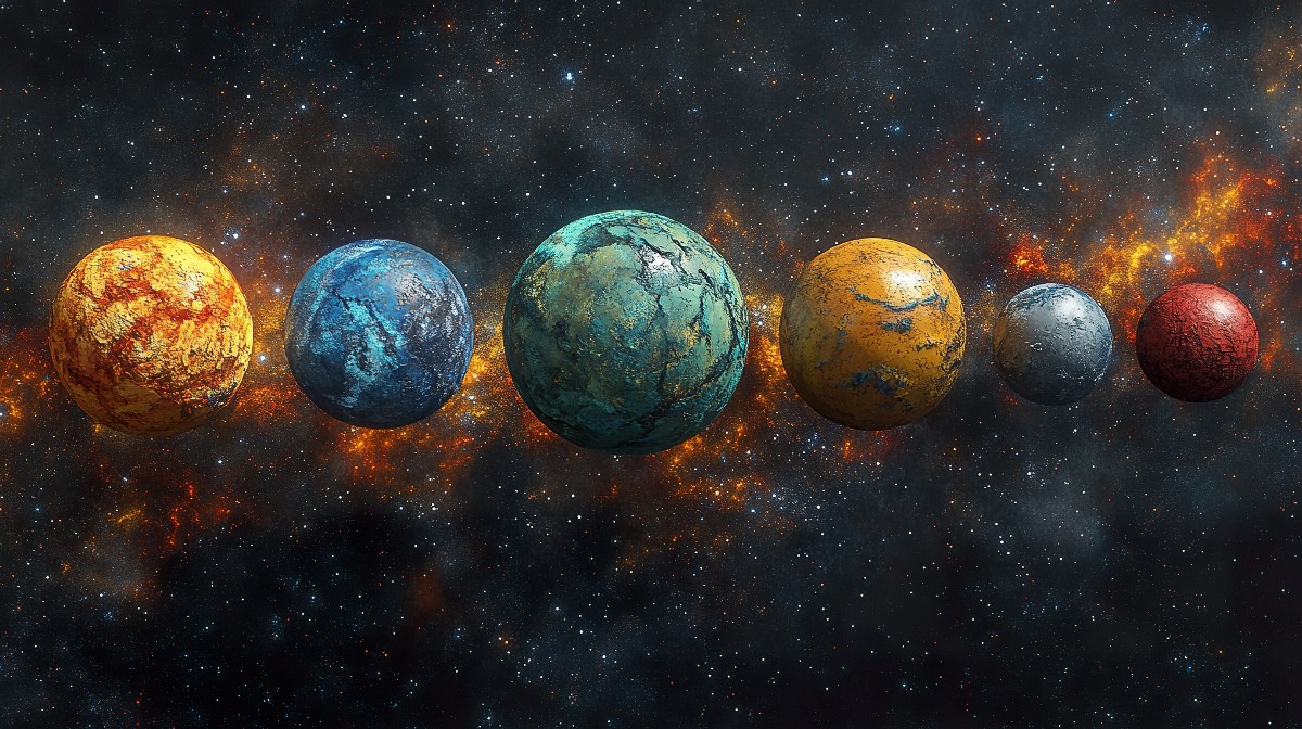 A lineup of six stylized planets in various colors against a starry space background.