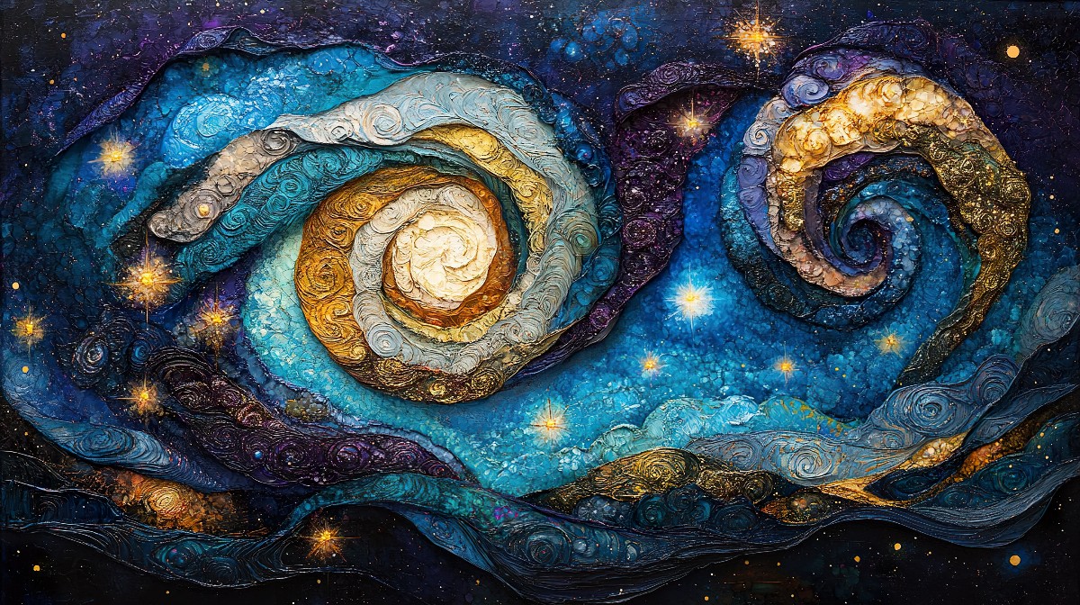 A detailed spiral galaxy with vibrant blues, magentas, and golds.