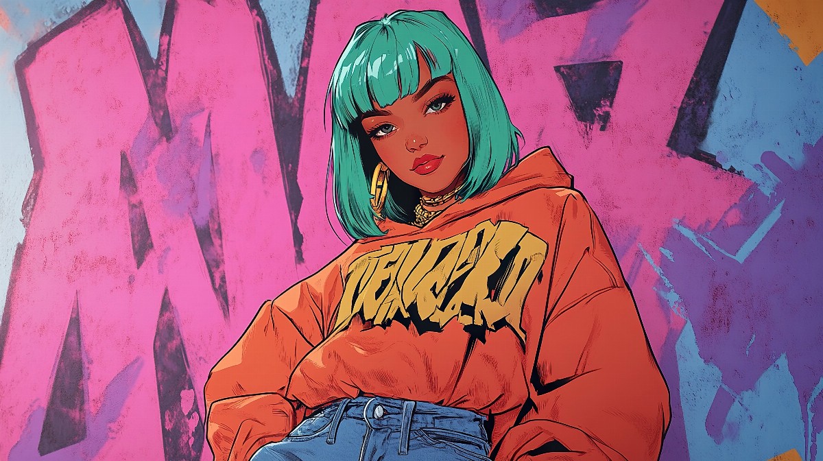 Illustration of a girl with teal hair and an orange hoodie against a graffiti background.