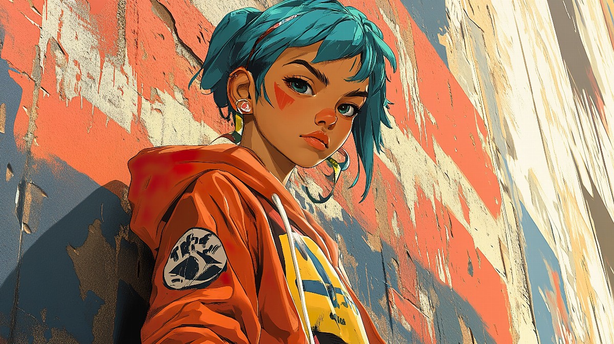 Illustration of a girl with a vibrant teal pixie cut against a textured wall.