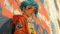 Vibrant Teal Pixie Cut Girl Against Urban Wall Wallpaper