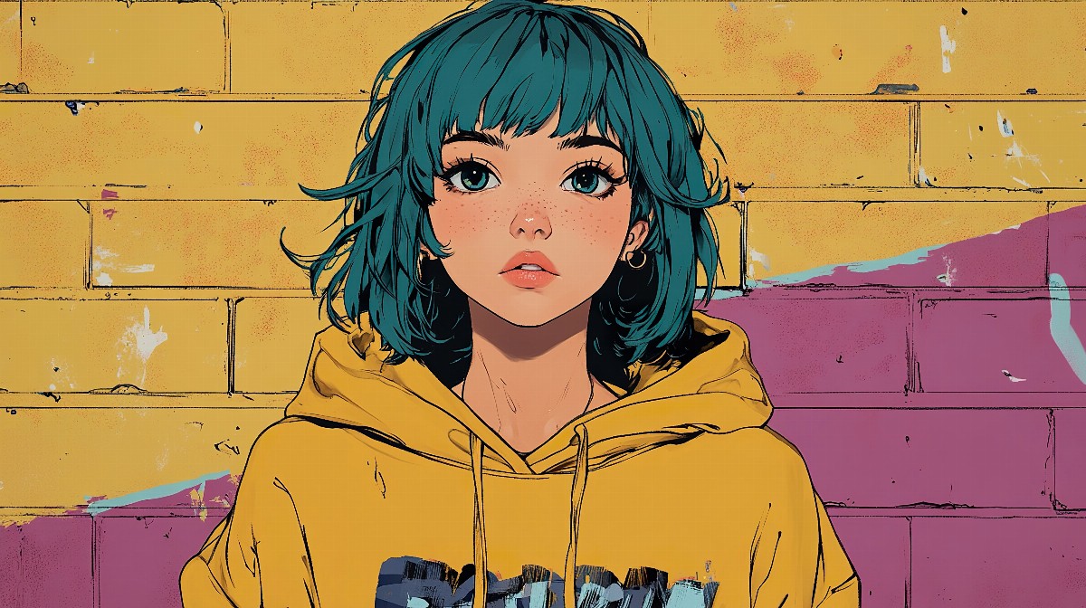 Illustration of a girl with teal pixie cut and yellow hoodie in front of a colorful wall.