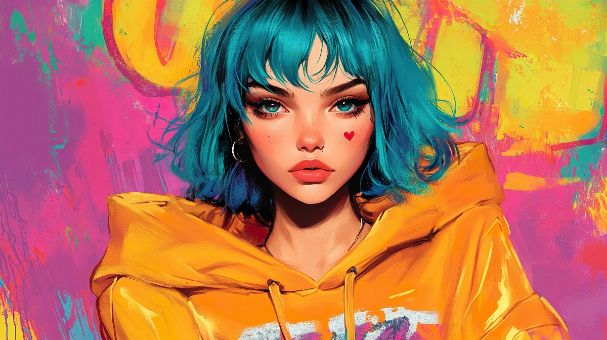 Illustration of a girl with teal pixie cut and orange hoodie on colorful background