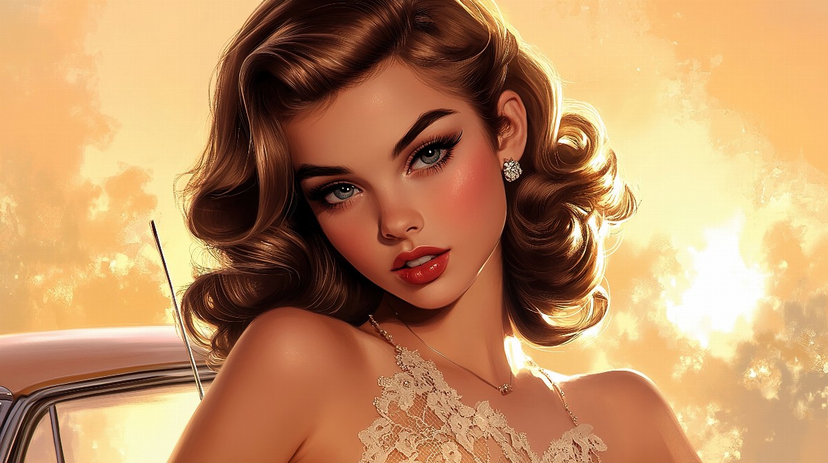 Illustration of a girl with soft waves and a vintage car in the background.