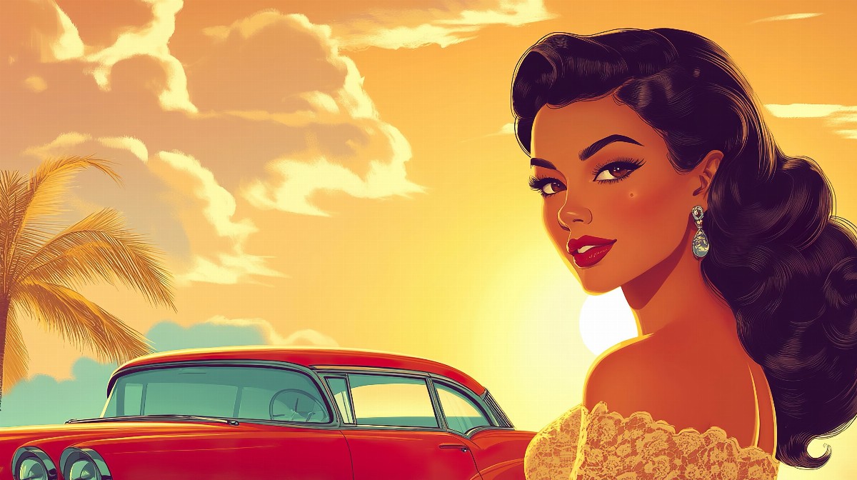 Illustration of a woman with vintage hairstyle and a classic car at sunset.