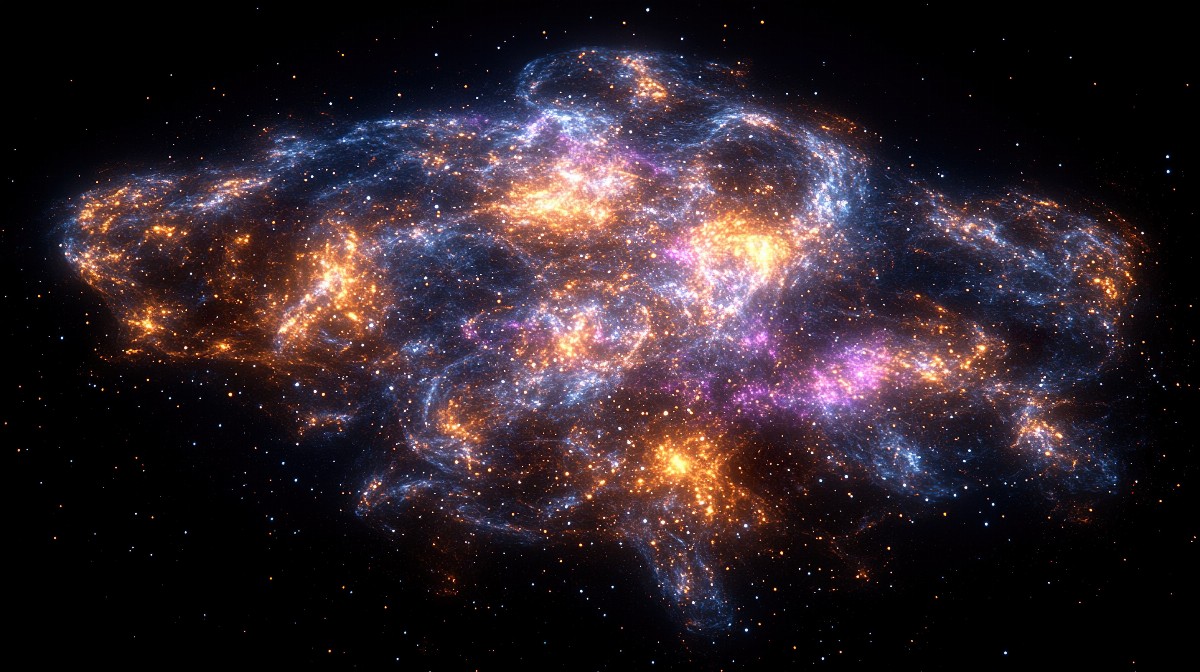 A vivid swirling nebula cloud with glowing blues and purples in space.
